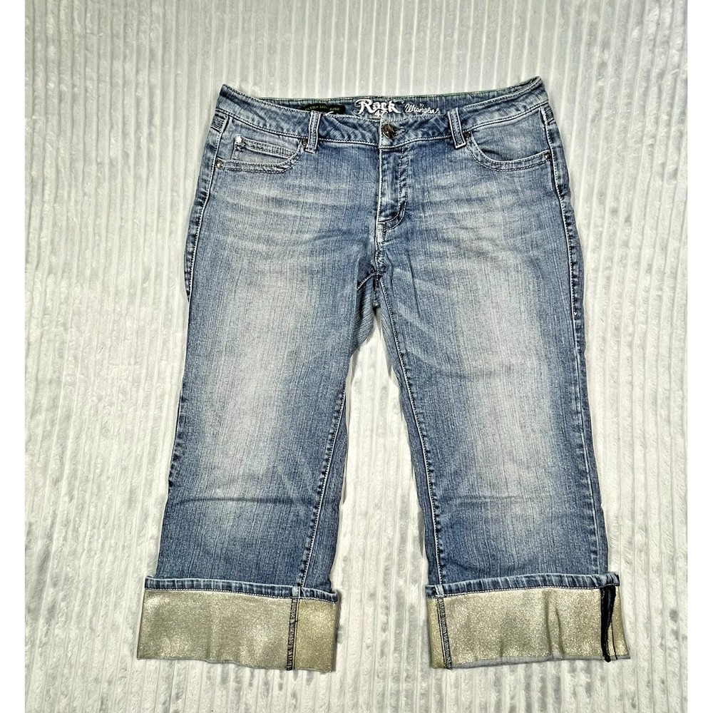 Wrangler 47 Rock Ultra Low Rise Jeans Women's 9/10 Glitter‎ Cuffs 34x22 *Flaws